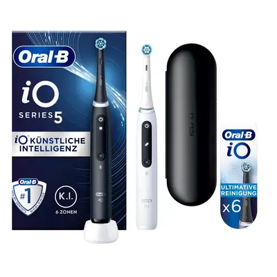 Oral-B iO Series 5 Duopack Elektrische Zahnbürste  Reise-Etui  Matt Black/Quite White - Zahnbürste mit 6 Aufsteckbürsten