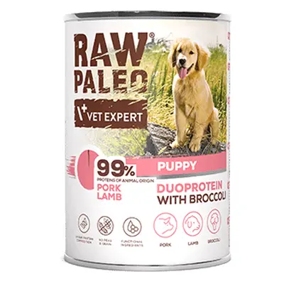 Hundenassfutter – Raw Paleo Puppy Schwein, Lamm und Brokkoli 400g Dose